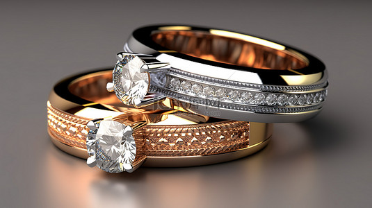 堆叠横幅设计 3D 渲染中的铂金订婚戒指