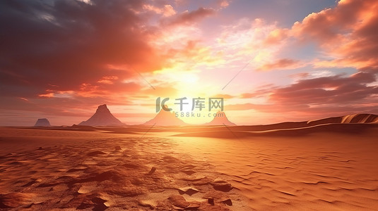 沙漠中令人惊叹的日落的 3D 渲染