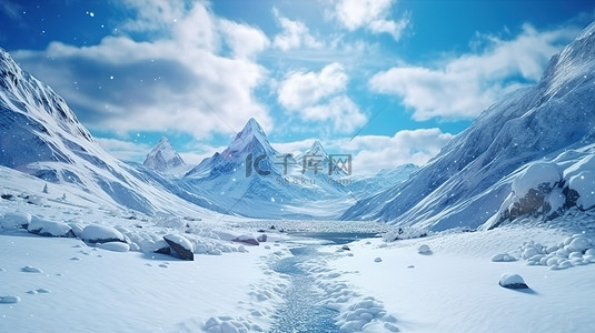 令人惊叹的冬季仙境动态 3D 插图描绘了山脉和冰雪覆盖的景观，带有一丝奢华和优雅