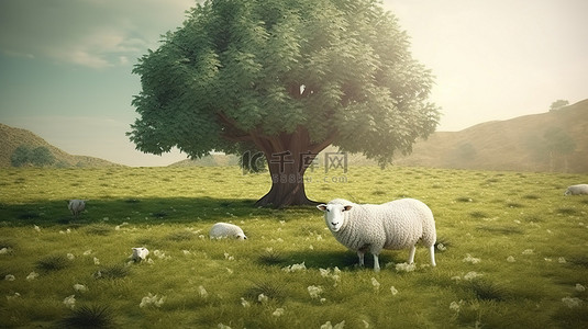 3d 渲染白羊在郁郁葱葱的绿色田野上放牧，雄伟的树象征着宰牲节