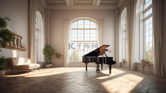 五一钢琴背景图片_阳光明媚的大厅，配有钢琴 3d 插图