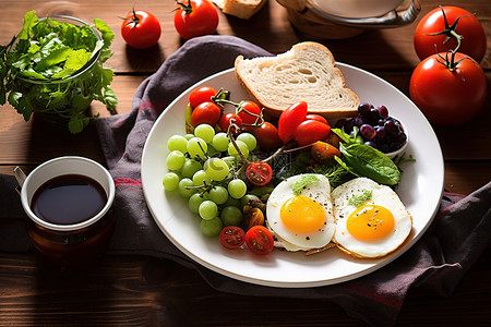 咖啡背景图片_木桌上一盘装满蔬菜鸡蛋和酱汁的盘子