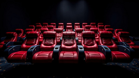 黑色背景下成排的舒适红色影院椅的 3D 渲染