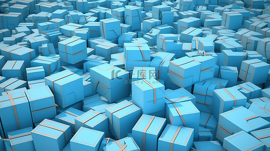 以亚洲为中心的地球 3D 视觉效果和一堆蓝色色调的纸板箱