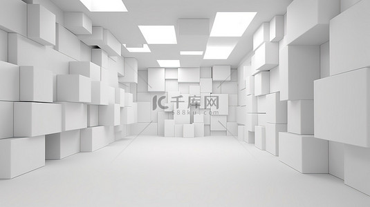 当代白色建筑背景，采用 3D 插图呈现的立方墙设计