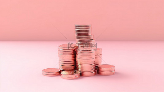 一个省钱的概念，一堆硬币和一捆现金，在充满活力的粉红色孤立背景上 3d 渲染图