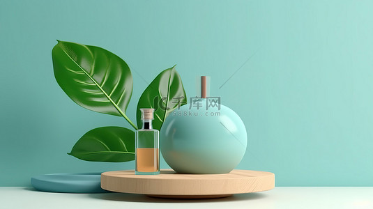 蓝色桌面背景图片_时尚的化妆品展示架，配有木桌面和蓝色背景上绿叶植物的 3D 渲染插图