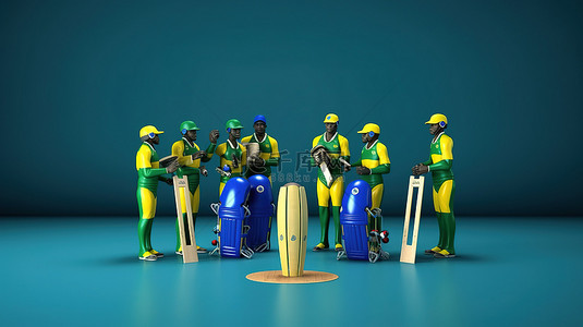 南非板球队在蓝色背景下的 3D 渲染体育比赛设备