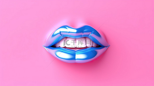 粉红色背景呈现女性嘴唇的亲吻手势与双色调蓝色口红 3d 风格