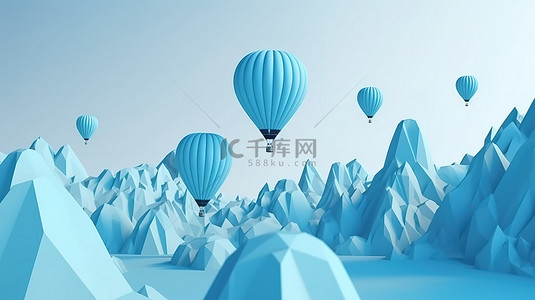 情人节概念蓝色抽象背景与 3d 渲染多边形山脉和气球