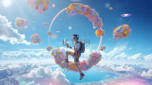 一名男子漂浮在天空中，手持游戏装备，准备进入虚拟世界 3D 渲染插图的沉浸式世界