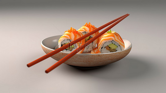 住背景图片_3D 插图中用筷子夹住寿司卷