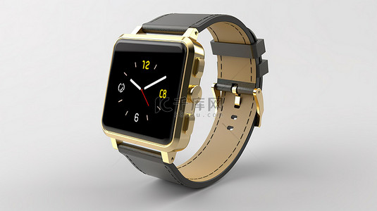 白色背景 3D 渲染上带有金色表带的时尚现代智能手表