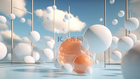 正能量微图背景图片_华丽 3D 景观中天云间几何形状玻璃球的流动性