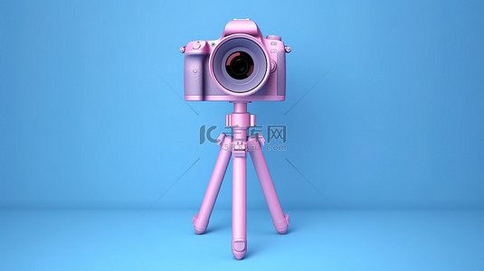 粉色背景呈现蓝色单反摄像机万向稳定三脚架系统的 3D 渲染