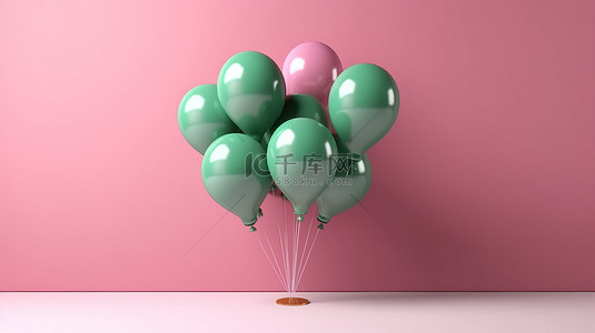 粉红色背景下充满活力的绿色气球集合带有 3D 插图渲染的令人惊叹的横幅