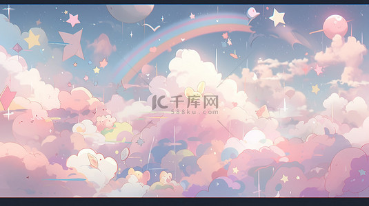 柔和柔和天空中的卡通彩虹云和星星 3d 渲染