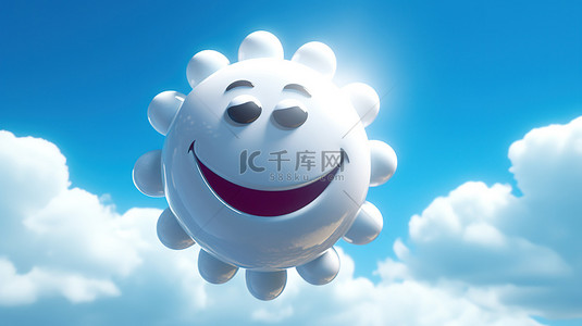 3D 渲染的垂直图片，显示一个欢快的卡通太阳和蓬松的白云，映衬着美丽的蓝天