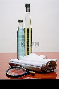 羽毛球羽毛球拍背景图片_桌上一瓶水羽毛球拍等