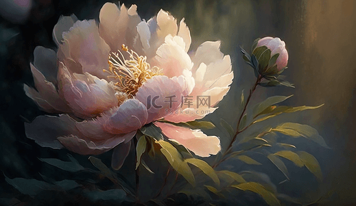 欧式风景油画背景图片_粉色的牡丹花阳光花瓣装饰画油画背景