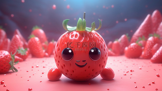令人惊叹的 3D 渲染中的卡哇伊草莓宇宙