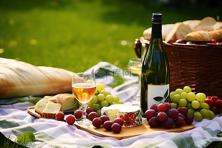 酒背景图片_公园里的野餐展示了蔓越莓酒和一些葡萄