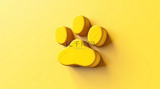 3d 渲染黄色背景与最小的爪子宠物图标符号