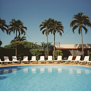 躺椅背景图片_带躺椅和棕榈树遮阳伞的游泳池