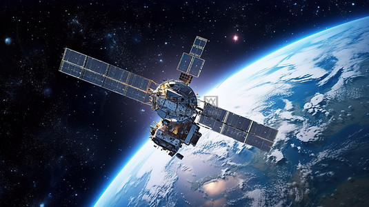 太空卫星导航的 3D 渲染，在星空下展示现代世界