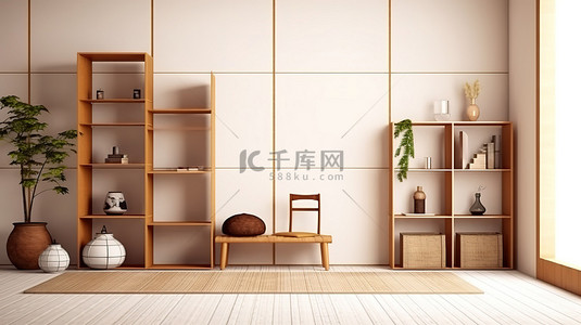 现代禅室 3D 渲染中的极简主义日式设计木柜