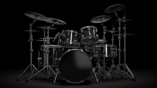时尚的黑色鼓组，适合专业摇滚乐手，在深色背景 3D 渲染上有自由设计空间