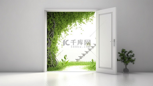 白色抽象门的 3D 渲染，通向郁郁葱葱的绿色环境，实现未来主义概念