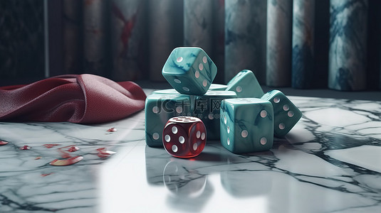 骰子背景图片_3d 渲染中绿松石大理石背景上赌博红色骰子和 ace 扑克牌的设计概念