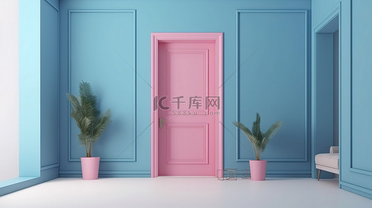 蓝色背景房间中打开的粉红色门的最小室内创意 3d 渲染