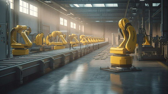 3d 渲染中的工厂自动化机械臂和输送线