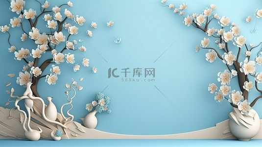 白色背景花瓣背景图片_3D 背景中带有树枝和花朵的装饰壁纸，具有用于壁画插图的空白空间