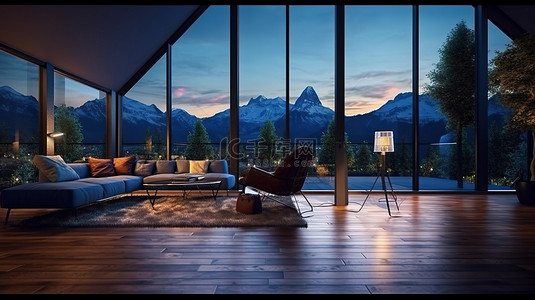 家具背景图片_夜间玻璃屋里的山景客厅令人惊叹的 3D 渲染