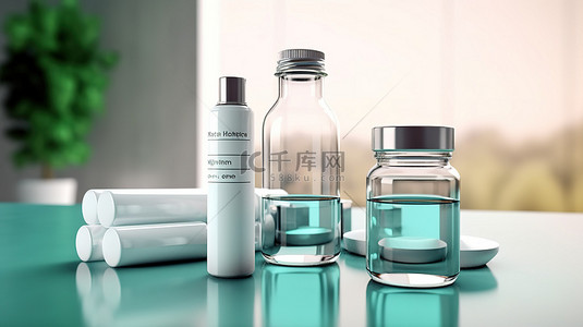 白色医疗箱背景图片_设备齐全的医药箱，配有一杯水和一个空白的白色塑料瓶 3D 渲染