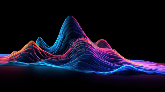 抽象山脉 3D 渲染不同大小的霓虹蓝色和粉色山脉，以黑色背景为背景，带有流体波和线条
