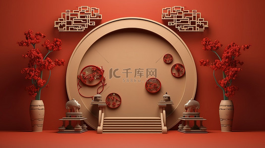新中式红背景图片_中国节日贺卡与传统背景设计的 3D 渲染