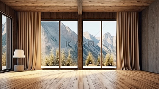 具有令人惊叹的山景 3d 渲染的木屋