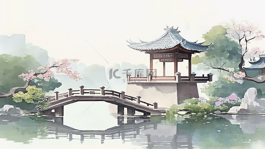 装饰水墨画背景图片_清明节古风建筑背景插画