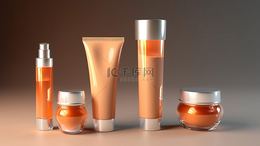 乳水背景图片_美容产品包装套装化妆品管，用于 3D 插图中的奶油凝胶和乳液