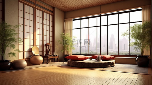 绿色背景背景图片_日本风格的室内设计 3D 渲染