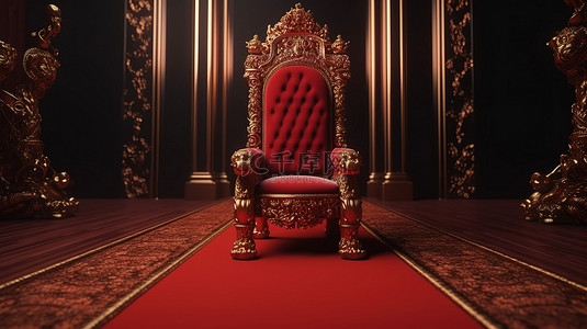 豪华宝座 3D 渲染的红色皇家椅子，上面铺着适合国王使用的红地毯