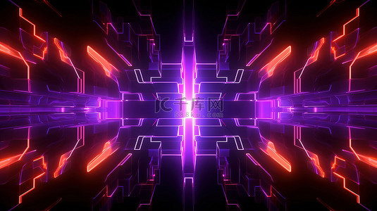 简约 3D 抽象插图中发光的紫色晶体图案照亮的黑色空间