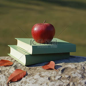 书背景图片_一个苹果坐在一堆书上