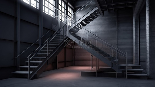 工业背景图片_时尚现代的工业房间，配有 3D 设计楼梯和完美的空间