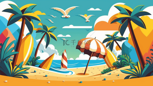 夏日冲浪板沙滩太阳伞海鸥