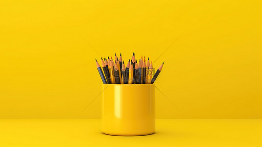 学习背景图片_黄色背景与铅笔教育和创造力的 3D 渲染